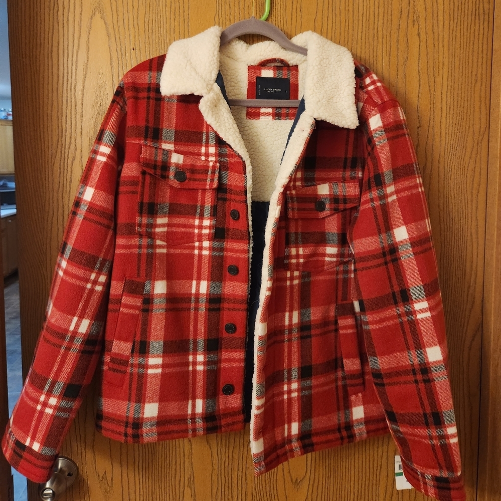 Mens Red Plaid Sherpa Jacket Lucky Brand NWT